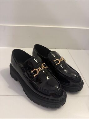 Black Patent Loafers with Gold Chain Accent (BRAND NEW)